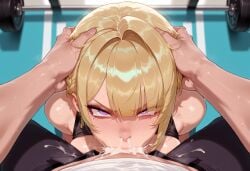1boy 1girls :>= ai_generated balecxi bangs bare_shoulders blonde_hair blush braid breasts clothed_female clothed_female_nude_male clothing cum cum_in_mouth cum_in_nose cum_overflow curvaceous curvaceous_female curvaceous_figure curvy curvy_figure deepthroat earrings evelyn_chevalier facial fellatio female female_focus glaring gym gym_clothes gym_uniform hands_on_another's_head head_grab hoyoverse indoors irrumatio jewelry large_breasts looking_at_viewer male male_pov mole mole_under_eye nipples nude oral overflow penis purple_eyes rolling_eyes saliva scowl semen sex shirt sleeveless solo_focus straight sweat tearing_up tears tsurime voluptuous voluptuous_female zenless_zone_zero