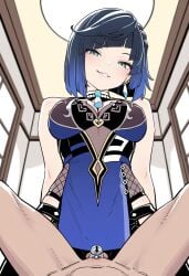 1boy artist_request chastity_cage cuckold female femdom genshin_impact looking_at_viewer male pixie_cut two_tone_hair yelan_(genshin_impact)