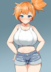 1girls alternate_breast_size bare_stomach big_breasts blue_eyes blush detritus duvet208 female female_only huge_breasts kasumi_(pokemon) large_breasts misty_(pokemon) misty_(pokemon_lgpe) orange_hair pokemon pokemon_lgpe pokemon_rgby red_hair shorts solo wide_hips