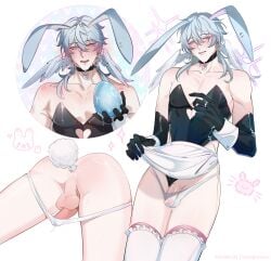 1boy absurdres anal_tail animal_ears ass bare_shoulders butt_plug egg fake_tail hair_between_eyes highres honkai:_star_rail honkai_(series) male_focus medium_hair muscular muscular_male pectorals penis playboy_bunny rabbit_ears sex_toy solo sunday_(honkai:_star_rail) tail testicles thighhighs white_background white_wings wings yaoi yeobosan