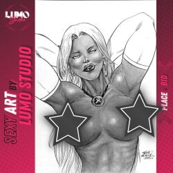 armpits arms_up black_and_white censored censored_nipples emma_frost grayscale greyscale hellfire_club james_alves long_hair lumo_studio marvel marvel_comics monochrome muscular muscular_arms muscular_female star_censor thick_lips topless topless_female very_long_hair white_queen x-men