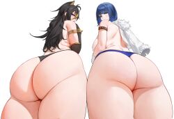 2girls ahoge arm_strap armlet ass ass_focus back bare_shoulders black_gloves black_hair black_panties blonde_hair blue_eyes blue_hair blue_panties blush bob_cut breasts commentary crossed_bangs dangle_earrings dehya_(genshin_impact) diagonal_bangs earrings elbow_gloves english_commentary feather-trimmed_jacket fendai from_behind from_below genshin_impact gloves green_eyes hair_between_eyes hair_ears hair_intakes highres huge_ass jacket jacket_on_shoulders jewelry large_breasts long_hair looking_at_viewer looking_back multicolored_hair multiple_girls panties short_hair single_earring streaked_hair thick_thighs thighs two-tone_hair underwear wedgie white_background white_gloves white_jacket yelan_(genshin_impact) yellow_pupils