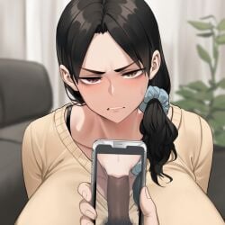 ai_generated angry_expression black_body blush bully cheating_wife cock deepthroat embarrassed female large_breasts long_hair looking_at_viewer male mother motherly_cuckold photo pubic_hair son sucking white_body