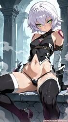 1girl ai_generated fate/grand_order fate_(series) jack_the_ripper_(fate) kinkyfuel nipples panties panties_down sitting solo sweat sweating thighhighs topless underboob