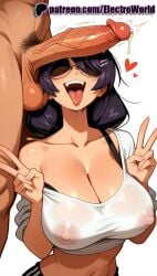 1boy 1girls 2025 ai_generated artist_name black_blindfold blindfold breasts breasts breasts bust chest cleavage clothed_female_nude_male cock covered_nipples cum dark-skinned_male dark_skin dick double_v double_w electroworld erection female hanekawa_tsubasa hi_res high_quality high_resolution highres identity_censor interracial male_pubic_hair monogatari_(series) nude open_mouth patreon patreon_username penis penis_on_face pubic_hair purple_hair see-through stable_diffusion straight testicles tongue tongue_out uncensored v w watermark