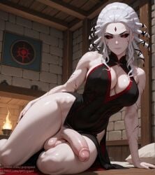 1futa ai_generated artist_name balls big_balls big_penis big_testicles black_dress cleavage clothing colored digital_media_(artwork) dress front_view futa_only futanari huge_cock intersex legs legs_together penis psyopsai revealing_clothes rwby salem_(rwby) short_hair solo solo_focus testicles thighs uncensored watermark white_hair