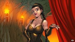 1girl bare_shoulders blue_eyes braid breasts brown_hair cg cleavage elbow_gloves female fire gloves hentai_heroes kinkoid kitana large_breasts lips lipstick long_hair makeup official_art parody single_braid solo sung_tai_ki_(hentai_heroes) twin_braids