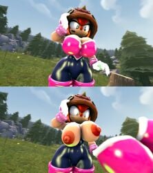 bodysuit breasts breasts_out cameltoe female large_areolae large_breasts neckline passbass rouge_the_bat_(cosplay) sonic_(series) sonic_superstars spandex_suit trip_the_sungazer wardrobe_malfunction