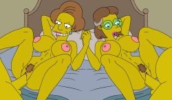 2boys 2girls 2milfs bed bedroom brown_hair edna_krabappel elizabeth_hoover fat fat_male female male milf penetration sex the_simpsons vaginal_penetration yellow_body yellow_skin