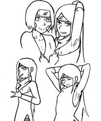 2girls areolae armpits clothing female female_only headband long_hair looking_at_viewer monochrome multiple_girls naruto naruto_shippuden nipples nohara_rin simple_background small_breasts uchiha_izumi yuri