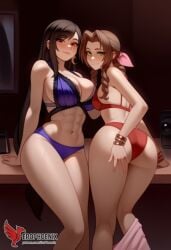 2d 2girls aerith_gainsborough ai_generated ass barefoot big_ass big_breasts blush bra couch dress erophoenix feet female female_focus final_fantasy final_fantasy_vii final_fantasy_vii_rebirth final_fantasy_vii_remake indoors jewelry large_breasts long_hair multiple_girls naked navel panties patreon_username purple_bra purple_panties red_bra red_eyes red_panties sitting small_breasts smile soles sweat sweating thick_thighs thighs tifa_lockhart underwear yuri yuri