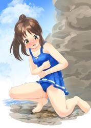 1girls accident beach bow brown_eyes brown_hair censored clothing dress embarrassed female female_only flat_chest heavy_breathing highres human human_only idolmaster idolmaster_cinderella_girls idolmaster_cinderella_girls_starlight_stage japanese_text looking_pleasured omorashi one-piece_swimsuit open_toe_shoes outdoors peeing peeing_self public relief shivering swimsuit swimwear tachibana_arisu uchi_north urination urine wetting wetting_self white_skin