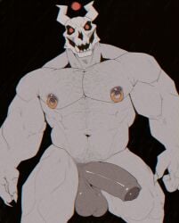 abs anthro balls barazoku belly_hair big_balls big_penis black_background body_hair bone chest_hair claws dark_nipples darkened_balls darkened_genitalia darkened_penis digital_drawing_(artwork) digital_media_(artwork) fangs flaccid foreskin genitals glowing glowing_eyes happy_trail hi_res horn humanoid_genitalia humanoid_penis looking_at_viewer male monster mr_nellory muscular muscular_anthro muscular_male nipple_piercing nipple_ring nipples nude_anthro nude_male pecs penis piercing pubes red_eyes ring_piercing sharp_teeth simple_background skull skull_head solo teeth thick_thighs
