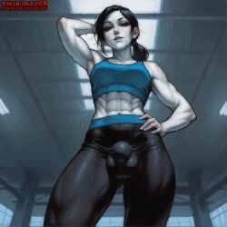 1female 1futa 1girls abs absurd_res absurdres ai_assisted ai_generated armpits arms_up black_hair bulge bulge_through_clothing dickgirl female futa_sans_pussy futanari hand_on_hip high_resolution highres intersex looking_at_viewer low-angle_view muscular muscular_female muscular_futa muscular_futanari pale-skinned_female pale-skinned_futa pale-skinned_futanari pale_skin ponytail sports_bra sportswear sweat sweatdrop sweating thecoomjurer toned toned_body toned_female toned_futa wii_fit wii_fit_trainer