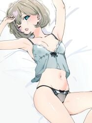aqua_panties armpits bare_arms bare_belly bare_legs bare_shoulders bare_thighs belly_button blue_camisole blush bow_panties breasts cameltoe camisole cleavage collarbone grey_hair groin lingerie love_live! love_live!_superstar!! medium_breasts midriff one_eye_closed open_mouth panties shiny_skin short_hair tang_keke thighs ukitaryu underwear