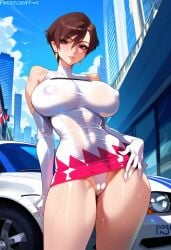 2d ai_generated big_breasts brown_hair city day dress female female_focus female_only gloves nagase_reiko narrow_waist outdoors panties ridge_racer short_dress short_hair solo solo_female solo_focus tagme white_gloves