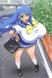 00s alternate_breast_size bag blue_hair blush breasts female footwear gigantic_breasts green_eyes hair_blowing hair_in_wind hand_on_hip hands_on_hips huge_breasts konata_izumi long_hair looking_up lucky_star mole mole_under_eye open_mouth outdoors school_bag school_uniform serafuku shoes skirt socks solo solo_female uniform unknown_artist wind