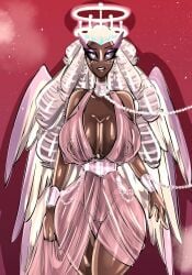 angel angel_wings big_breasts bitterbunz blush breasts chains clothed clothing dark-skinned_female halo hazbin_hotel milf nipples open_mouth partially_clothed pillow_shading pussy sera_(hazbin_hotel) solo teeth