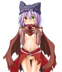 ass_visible_through_thighs assassin_cross_(ragnarok_online) black_hat blush box breasts brown_scarf brown_sleeves cape commentary_request cowboy_shot detached_sleeves deviruchi_hat female green_eyes hat heart-shaped_box heterochromia kaminagi_(kaminagi-tei) looking_at_viewer medium_hair navel nipples pussy ragnarok_online red_cape red_eyes revealing_clothes scarf simple_background small_breasts solo torn_cape torn_clothes torn_scarf waist_cape white_background