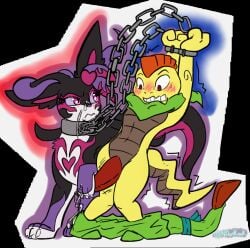 bindings bodily_fluids bondage bondage bottomwear bottomwear_down bound chains clothed clothing dominant dominant_female duo eeveelution female feral generation_5_pokemon generation_6_pokemon genital_fluids humanoid light_bondage looking_upset male male/female ndontlook neon_dontlook nintendo pants pants_down partially_clothed pokemon pokemon_(species) precum scrafty slit_penis sylveon