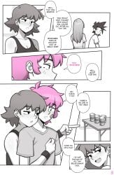2boys 2girls black_hair blush breasts crop_top dross ear_piercing earrings english_text femboy freckles hug_from_behind monochrome pink_hair short_hair tank_top text text_box