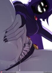 anus artist_name black_leotard black_thong breasts cape censored chrysalisdraws clitoris colored_pussy colored_skin covered_nipples dc_comics female fingernails forehead_jewel from_below gem glowing glowing_eyes grey_skin hand_on_own_thigh highleg highres image_sample knees_out_of_frame large_breasts leotard looking_at_viewer mosaic_censoring patreon_logo patreon_sample patreon_username purple_cape purple_hair purple_hood pussy_juice raven_(dc) red_gemstone shade shaded_face sharp_fingernails sharp_teeth short_hair simple_background sleeved_leotard solo spread_pussy spreading_own_pussy teeth thighs vagina_dentata white_background white_eyes