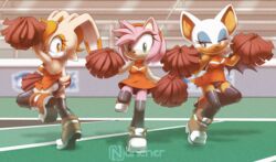 amy_rose black_panties cheerleader cheerleader_uniform cheerleaders miniskirt nancher pom_poms rouge_the_bat sonic_(series) sonic_the_hedgehog_(series) thighhighs upskirt vanilla_the_rabbit white_panties