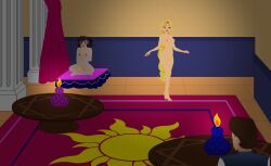 1boy 2girls accurate_art_style belly_dancer black_hair blonde_hair brown_hair cassandra_(tangled) disney disney_channel eugene_fitzherbert female green_eyes human long_hair male mehefin013 nude parody quest_for_glory rapunzel self_upload short_hair tangled tangled:_the_series white_female white_male