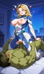 1boy 1girls ai_generated blonde_hair blue_eyes breasts breasts_out cowgirl cowgirl_position female green_skin heart hulk invisible_woman invisible_woman_(marvel_rivals) large_breasts male marvel marvel_comics marvel_rivals motion_lines muscular muscular_male ndsilver059 nipples penis riding riding_penis sex straight straight_sex sue_storm torn_clothes torn_clothing vaginal_penetration vaginal_sex