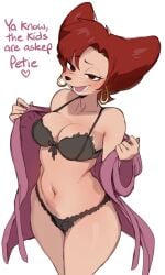 1girls anthro anthro_only bedroom_eyes big_breasts breasts canid canine canis cleavage clothed clothing disney disney_channel domestic_dog ear_piercing ear_ring female female_only goof_troop hair half-closed_eyes lightsource lingerie lipstick looking_at_viewer makeup mammal nightgown peg_pete piercing pose red_hair rough_sketch seductive simple_background sitting smile solo