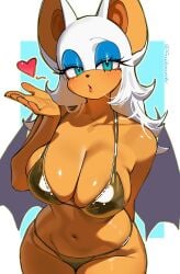1girls anthro artist_request bat_ears bat_wings big_breasts bikini_top blowing_kiss blue_eyes blushing blushing_at_viewer cleavage fruitcrunch gold_bikini heart_symbol long_eyelashes long_hair looking_at_viewer monster_girl rouge_the_bat solo solo_female sonic_(series) white_hair