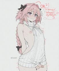 1boy ai_assisted ai_generated arms_behind_back astolfo_(fate) astolfo_(fate/apocrypha) astolfo_(saber)_(fate) backless_outfit bare_shoulders black_bow black_thighhighs blush bow braid braided_ponytail closed_mouth cowboy_shot dress english_text erection fate/apocrypha fate/grand_order fate_(series) feminine_male flying_sweatdrops foreskin grey_background hair_between_eyes hair_intakes hairbow long_hair looking_at_viewer male male_focus meme_attire multicolored_hair nipples otoko_no_ko penis pink_hair purple_eyes ribbed_sweater ribbon simple_background single_braid solo sondu speech_bubble streaked_hair sweat sweater sweater_dress testicles thighhighs trap trembling turtleneck turtleneck_sweater twink twitter_username uncensored virgin_killer_sweater wavy_mouth