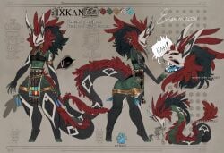 3_eyes absurd_res accessory anthro bodily_fluids curvy_figure demon exobelos facial_markings feathers female green_body green_skin hair hair_accessory head_markings hi_res horn horn_markings ixkan_(exobelos) jewelry markings mask model_sheet multi_eye pointy_ears red_hair scalie solo spikes spikes_(anatomy) tail tail_feathers tears voluptuous
