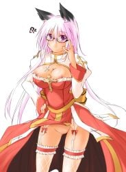 ? adjusting_clothes animal_ears arch_bishop_(ragnarok_online) ass_visible_through_thighs blush breasts cat_ears cat_girl cleavage cleavage_cutout closed_mouth clothes_lift clothing clothing_cutout cowboy_shot cross cross_necklace dress female fishnet_thighhighs fishnets frilled_thighhighs frills glasses jewelry juliet_sleeves kaminagi_(kaminagi-tei) large_breasts long_hair long_sleeves looking_at_viewer necklace nipple_slip nipples no_panties pelvic_curtain pelvic_curtain_lift pink_hair puffy_sleeves purple_eyes pussy ragnarok_online red_dress sash semi-rimless_eyewear simple_background smile solo spoken_question_mark stockings thighhighs two-tone_dress uncensored under-rim_eyewear very_long_hair white_background white_dress white_thighhighs wind wind_lift yellow_sash