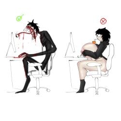 1boy1girl big_breasts black_socks blood breasts_out claws deformed_face female gaming_chair half_naked juice_box lifting_shirt male meme monster orange_juice sharp_teeth socks taller_male thick_thighs tits_out