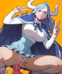 1girls ai_generated big_breasts blush clothing color dildo dildo_in_ass female female_only hi_res horns large_breasts light-skinned_female light_skin long_hair looking_at_viewer mask multicolored_hair one_piece pink_eyes pussy sex_toy sex_toy_in_ass sex_toy_insertion shounen_jump soldatrosaai thick_thighs ulti_(one_piece)