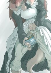absurd_res anthro blush bodily_fluids canid canine canis clothed clothing domestic_dog dress embarrassed female genital_fluids hair hi_res littell_(mttbsmn) maid_uniform mammal mttbsmn peeing red_hair solo uniform urine