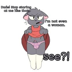 angry anthro bottomwear clothed clothing clothing_lift crossdressing dialogue domestic_cat felid feline felis first_person_view genitals hi_res looking_at_viewer mailobean male mammal penis skirt skirt_lift solo underwear