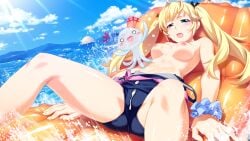 :o ahoge bare_shoulders blonde_hair blue_eyes blue_ribbon blue_scrunchie blue_sky blush blush_stickers breasts camel clothes_pull cloud cum cum_on_body cum_on_breasts cum_on_clothes cum_on_pussy cum_on_stomach day drooling dutch_angle facial feet_out_of_frame female fingernails floating floating_hair furrowed_brow game_cg grisaia_(series) grisaia_no_kajitsu hair_flaps hair_ribbon half-closed_eyes highres jellyfish light_rays long_eyelashes long_fingernails long_hair lying matsushima_michiru medium_breasts narrowed_eyes nipples non-web_source notice_lines o_o ocean on_back one-piece_swimsuit_pull open_mouth outdoors partially_undressed reclining ribbon school_swimsuit scrunchie sidelocks skindentation sky solo sparkling_eyes splashing spread_legs sunbeam sunlight swimsuit thick_eyelashes thighs three_quarter_view twintails watanabe_akio water waving_arms wrist_scrunchie