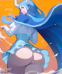 1girls ai_generated ass ass_focus back back_view big_ass big_breasts big_butt blush breasts clothing color female female_only hi_res horns large_breasts light-skinned_female light_skin long_hair looking_at_viewer looking_back mask multicolored_hair one_piece pink_eyes shounen_jump soldatrosaai thick_thighs ulti_(one_piece) wano_country