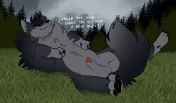 animal_genitalia animal_penis balls bublijoestar canid canine canine_genitalia canis dialogue digital_media_(artwork) english_text fan_character feral fluffy forest forest_background freckles fur genitals grey_body grey_fur hair hi_res looking_at_viewer lying male mammal nature nature_background nico_(bublijoestar) nude on_back penis plant quadruped raining sheath smile smiling_at_viewer smirk smirking_at_viewer snaggle_tooth solo tail teeth text tree tuft wolf