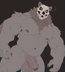 anthro balls barazoku bear big_balls big_penis black_background bone claws digital_drawing_(artwork) digital_media_(artwork) dutch_angle flaccid foreskin genitals glowing glowing_eyes hi_res humanoid_genitalia humanoid_penis male mammal mr_nellory muscular muscular_anthro muscular_male neck_tuft nipples nude_anthro nude_male pecs penis sharp_teeth simple_background skull skull_head solo teeth tuft tusks vein veiny_penis