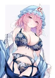 :o huge_breasts lingerie looking_at_viewer off-shoulder_shirt off_shoulder touhou yuyuko_saigyouji
