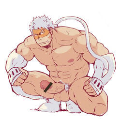 1boy abs bar_censor bara body_hair bodysuit boku_no_hero_academia censored cleavage_cutout clothing_cutout erection fangs full_body highres kagemaru_(bara) kan_sekijirou looking_at_viewer male_focus male_only male_pubic_hair muscular muscular_male my_hero_academia navel nipples nude pectorals penis pubic_hair red_bodysuit scar scar_on_cheek scar_on_face sekijiro_kan short_hair solo solo_male squatting testicles thick_thighs thighs tube veins veiny_penis vlad_king white_hair