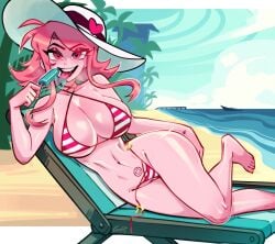 1girls barefoot beach beach_chair belly_button bikini breasts cartoon_network feet female female_only gerph heart-shaped_pupils miss_heed_(villainous) pink-skinned_female pink_eyes pink_hair pink_skin popsicle solo striped_bikini sun_hat villainous