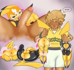 after_sex bodily_fluids clothing cosplay_pikachu_(costume) cum cum_inside feral generation_1_pokemon genital_fluids group heardnoevil held_upside_down hi_res human interspecies male male/male mammal nintendo oral pikachu pikachu_libre pikachu_pop_star pokemon pokemon_(species) pokemon_trainer pokephilia size_difference trio