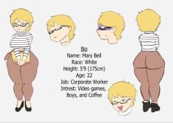 1girl 1girls ass big_ass big_breasts blonde_hair blue_eyes breasts character_sheet clothing female female_focus female_only folder from_behind glasses greenthumb_2 huge_ass lipstick mary_bell_(eildude) model_sheet reference_sheet short_hair solo solo_female solo_focus thick thick_ass thick_thighs