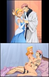 2koma bedroom blonde_female blue_eyes cinderella_(disney) cowgirl_position crack_pairing disney eastern_and_western_character jujutsu_kaisen lady-fantasma meme pink_hair red_eyes ryoumen_sukuna_(jujutsu_kaisen) sukunella weird_crossover