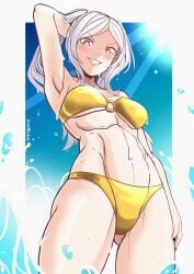 1girls ailheim beach bikini corruption evil_grin evil_smile fire_emblem fire_emblem_awakening golden_bikini golden_bikini_bottom golden_bikini_top grey_hair grima_(fire_emblem) grin looking_at_viewer medium_breasts nintendo pose red_eyes robin_(fire_emblem) robin_(fire_emblem)_(female) twintails