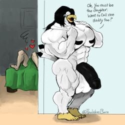 abs anthro avian balls beak bed bedroom_eyes big_muscles big_penis bird black_hair dialogue duo erection eyewear falcon falconid furniture genitals glasses gyrfalcon hair heart_symbol hi_res huge_cock huge_muscles human humanoid_genitalia humanoid_penis long_hair looking_at_viewer male mammal muscular narrowed_eyes nude open_mouth pecs penis seductive seth_grayson smile solo_focus standing tail thewerebara towel